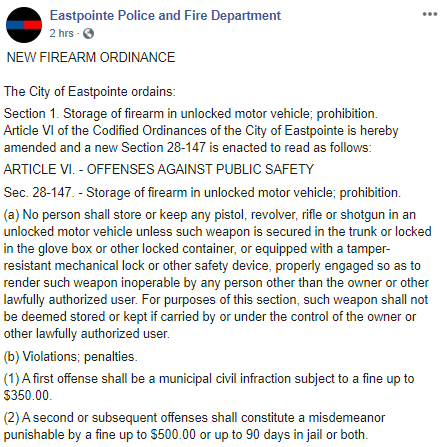 On Thursday, the Eastpointe Police and Fire Department announced on Facebook that they are going to punish citizens for having their guns stolen out of their cars, if the car was unlocked.