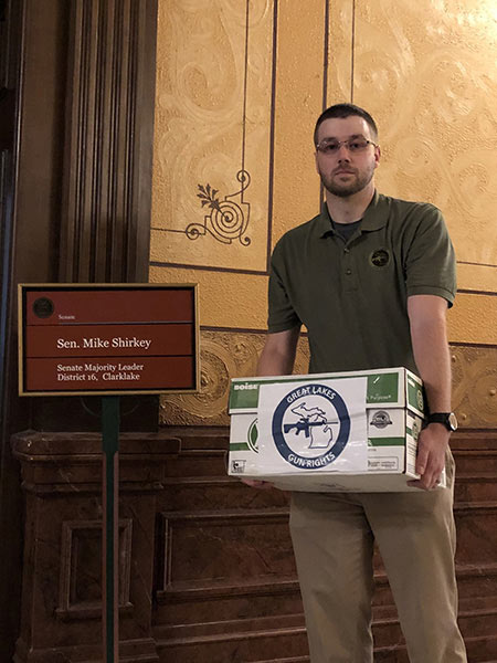 GLGR Executive Director delivering No Gun Control and Anti-Red Flag Petitions to Senate Majority Leader Shirkeys Office