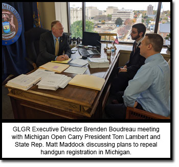 GLGR Executive Director Brenden Boudreau meeting with Michigan Open Carry President Tom Lambert and State Rep Matt Maddock discussing plans to repeal handgun registration in Michigan
